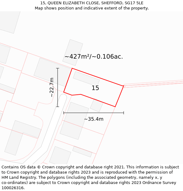 15, QUEEN ELIZABETH CLOSE, SHEFFORD, SG17 5LE: Plot and title map