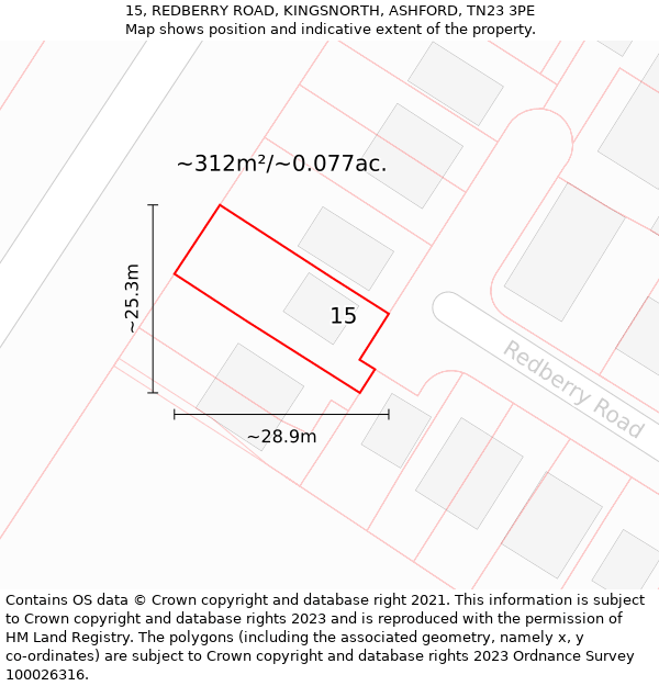 15, REDBERRY ROAD, KINGSNORTH, ASHFORD, TN23 3PE: Plot and title map