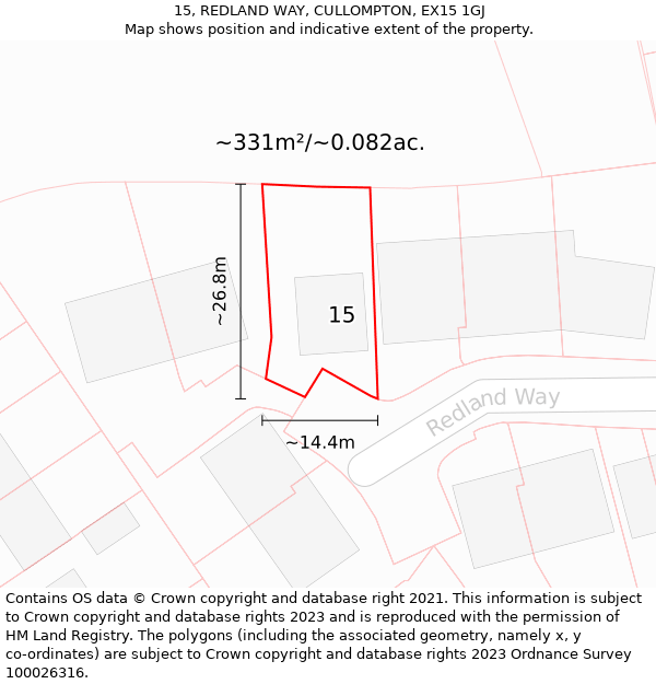 15, REDLAND WAY, CULLOMPTON, EX15 1GJ: Plot and title map