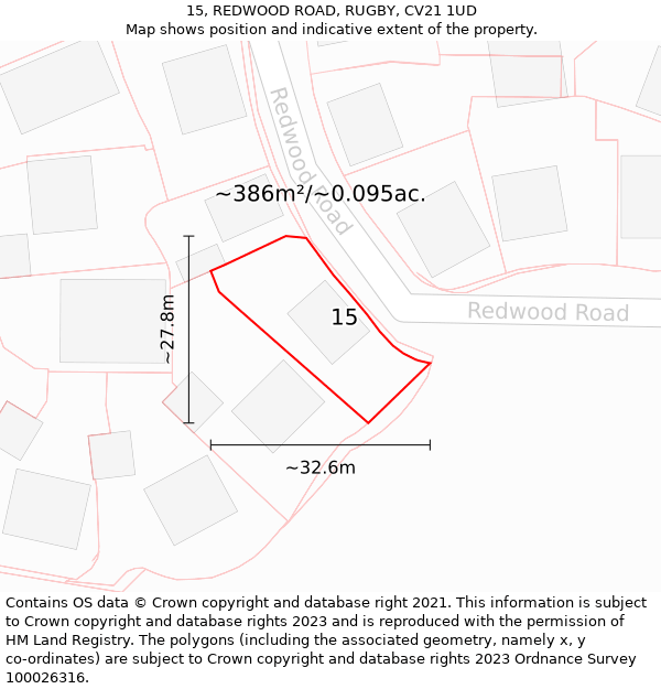 15, REDWOOD ROAD, RUGBY, CV21 1UD: Plot and title map