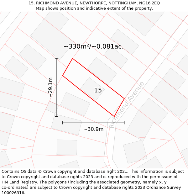 15, RICHMOND AVENUE, NEWTHORPE, NOTTINGHAM, NG16 2EQ: Plot and title map