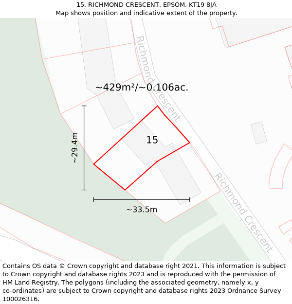 15, RICHMOND CRESCENT, EPSOM, KT19 8JA: Plot and title map