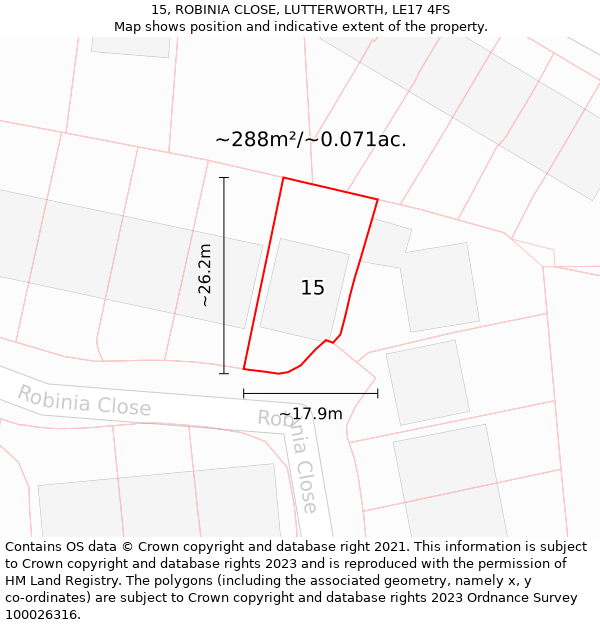 15, ROBINIA CLOSE, LUTTERWORTH, LE17 4FS: Plot and title map