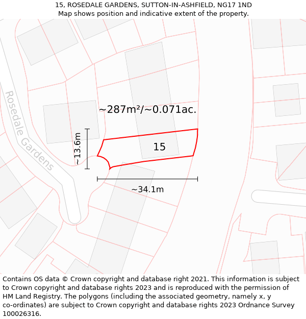 15, ROSEDALE GARDENS, SUTTON-IN-ASHFIELD, NG17 1ND: Plot and title map