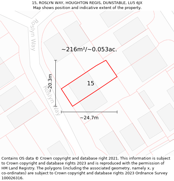 15, ROSLYN WAY, HOUGHTON REGIS, DUNSTABLE, LU5 6JX: Plot and title map