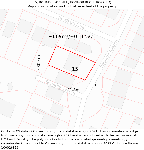 15, ROUNDLE AVENUE, BOGNOR REGIS, PO22 8LQ: Plot and title map