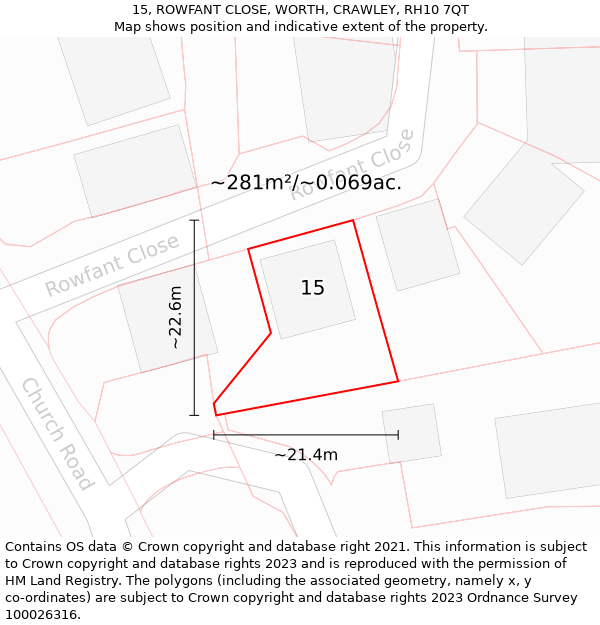 15, ROWFANT CLOSE, WORTH, CRAWLEY, RH10 7QT: Plot and title map