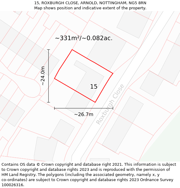 15, ROXBURGH CLOSE, ARNOLD, NOTTINGHAM, NG5 8RN: Plot and title map