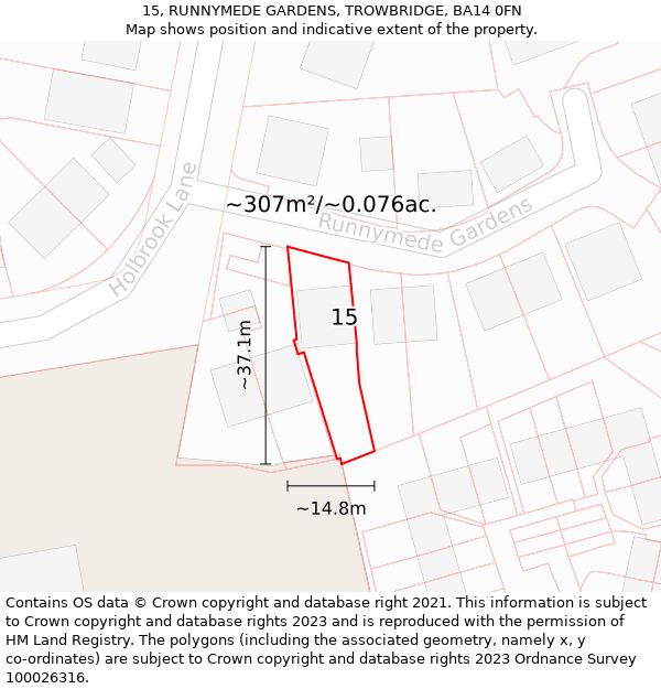 15, RUNNYMEDE GARDENS, TROWBRIDGE, BA14 0FN: Plot and title map