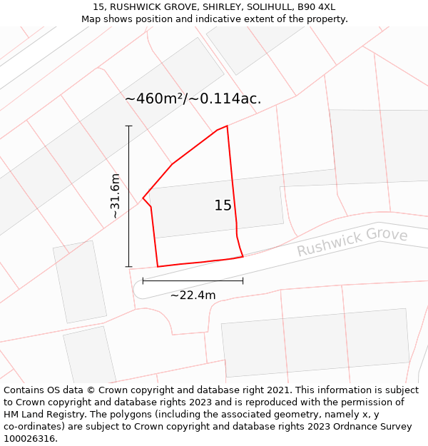 15, RUSHWICK GROVE, SHIRLEY, SOLIHULL, B90 4XL: Plot and title map
