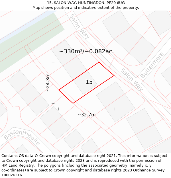 15, SALON WAY, HUNTINGDON, PE29 6UG: Plot and title map