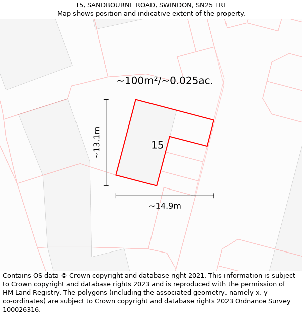 15, SANDBOURNE ROAD, SWINDON, SN25 1RE: Plot and title map