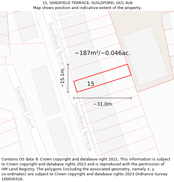 15, SANDFIELD TERRACE, GUILDFORD, GU1 4LN: Plot and title map