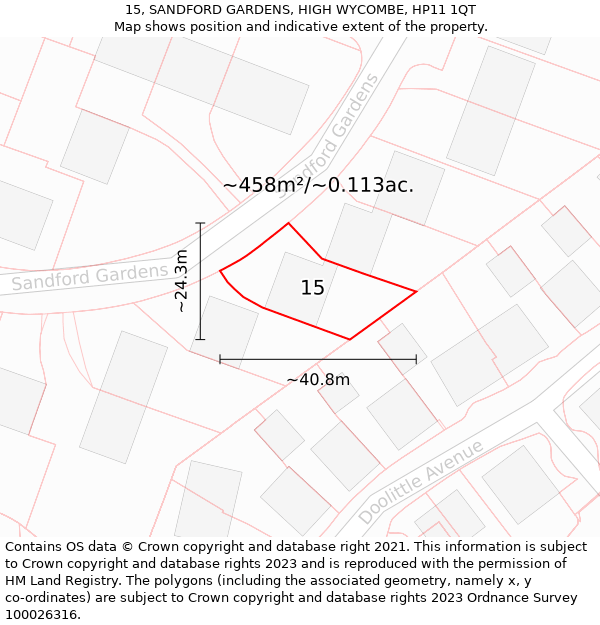 15, SANDFORD GARDENS, HIGH WYCOMBE, HP11 1QT: Plot and title map