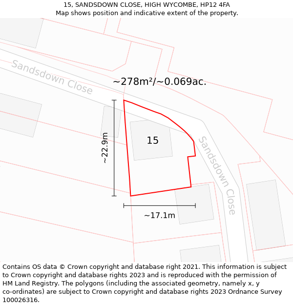 15, SANDSDOWN CLOSE, HIGH WYCOMBE, HP12 4FA: Plot and title map