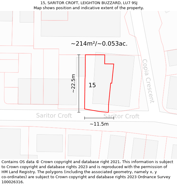 15, SARITOR CROFT, LEIGHTON BUZZARD, LU7 9SJ: Plot and title map