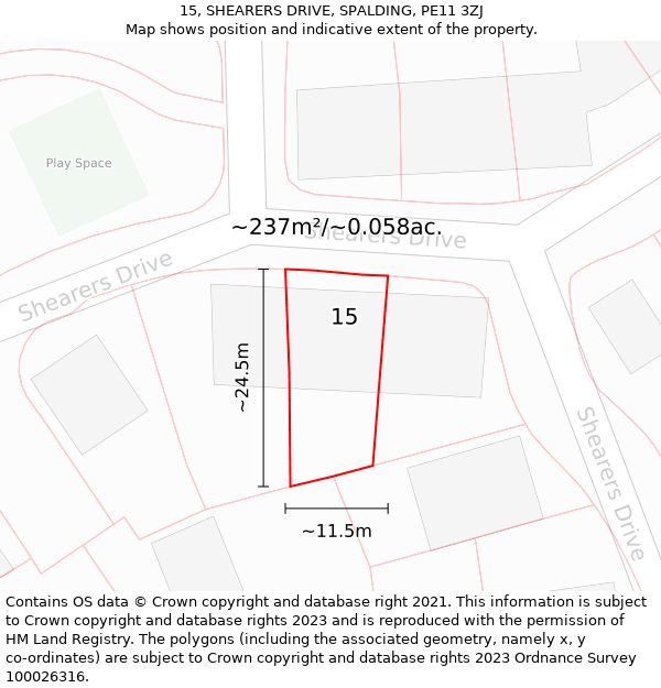 15, SHEARERS DRIVE, SPALDING, PE11 3ZJ: Plot and title map