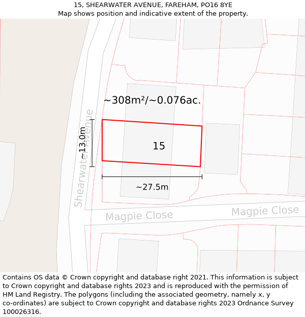 15, SHEARWATER AVENUE, FAREHAM, PO16 8YE: Plot and title map