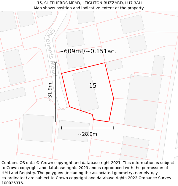 15, SHEPHERDS MEAD, LEIGHTON BUZZARD, LU7 3AH: Plot and title map