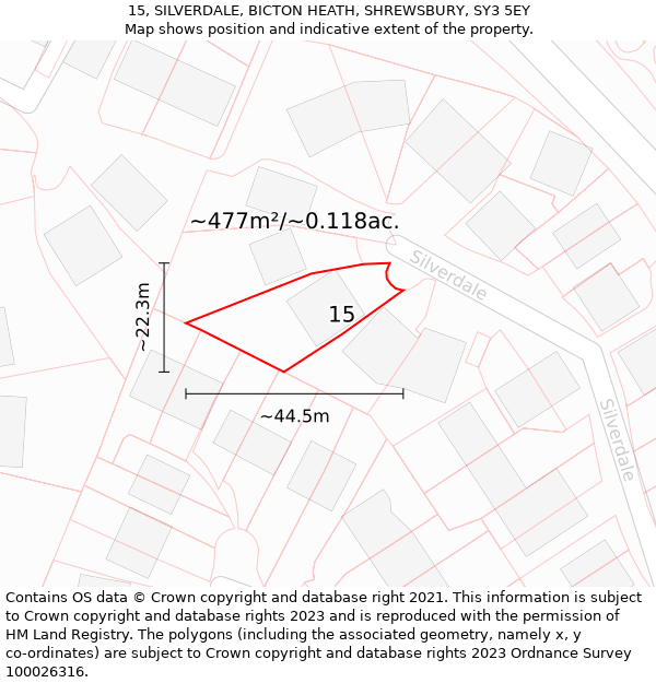 15, SILVERDALE, BICTON HEATH, SHREWSBURY, SY3 5EY: Plot and title map