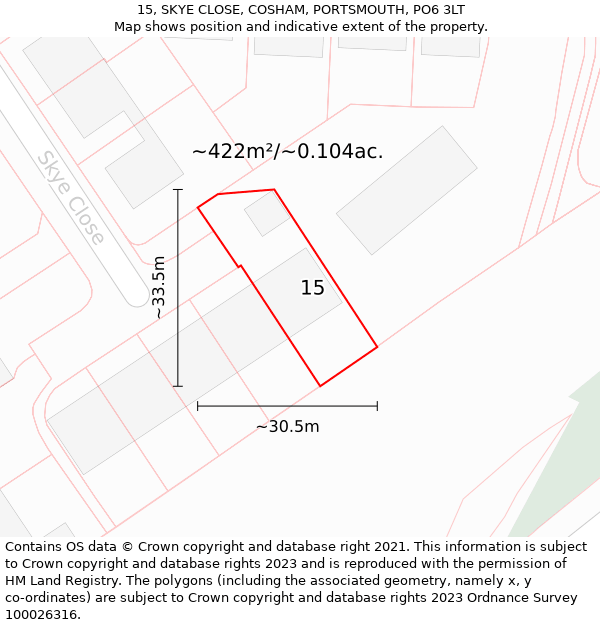 15, SKYE CLOSE, COSHAM, PORTSMOUTH, PO6 3LT: Plot and title map