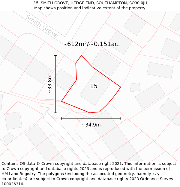 15, SMITH GROVE, HEDGE END, SOUTHAMPTON, SO30 0JH: Plot and title map