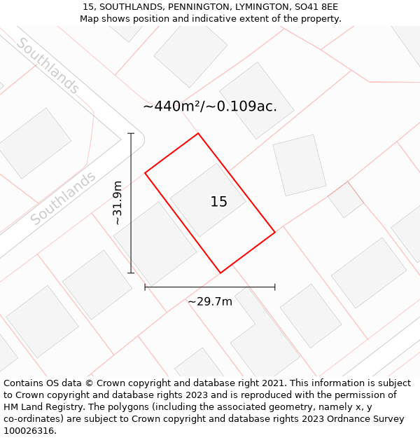 15, SOUTHLANDS, PENNINGTON, LYMINGTON, SO41 8EE: Plot and title map