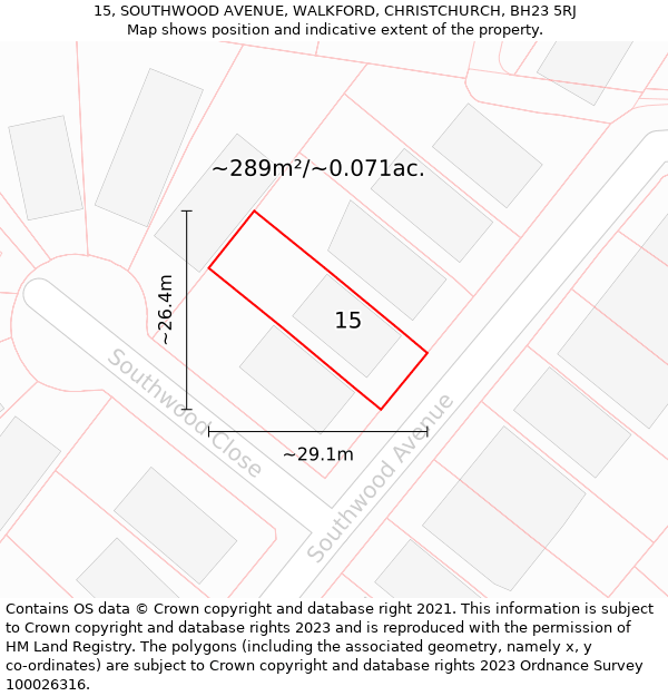 15, SOUTHWOOD AVENUE, WALKFORD, CHRISTCHURCH, BH23 5RJ: Plot and title map