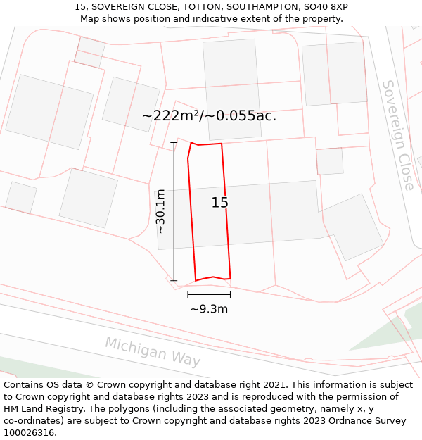 15, SOVEREIGN CLOSE, TOTTON, SOUTHAMPTON, SO40 8XP: Plot and title map