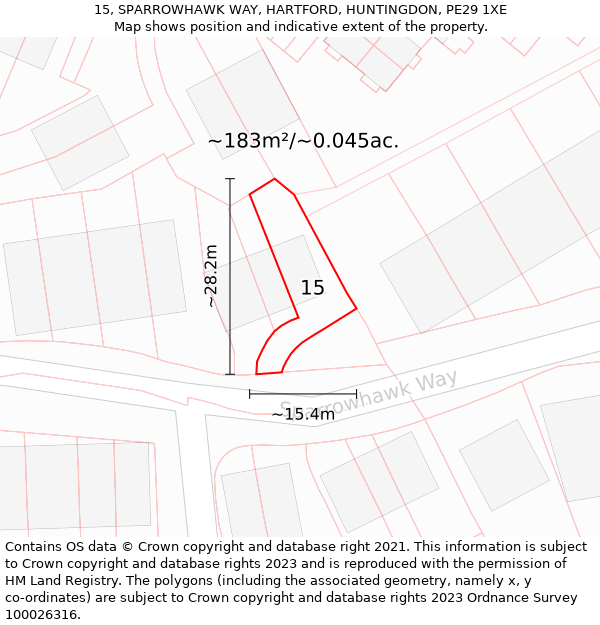 15, SPARROWHAWK WAY, HARTFORD, HUNTINGDON, PE29 1XE: Plot and title map