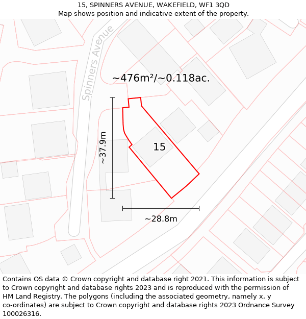 15, SPINNERS AVENUE, WAKEFIELD, WF1 3QD: Plot and title map