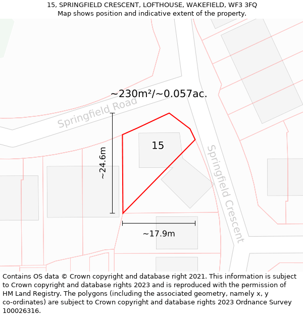 15, SPRINGFIELD CRESCENT, LOFTHOUSE, WAKEFIELD, WF3 3FQ: Plot and title map