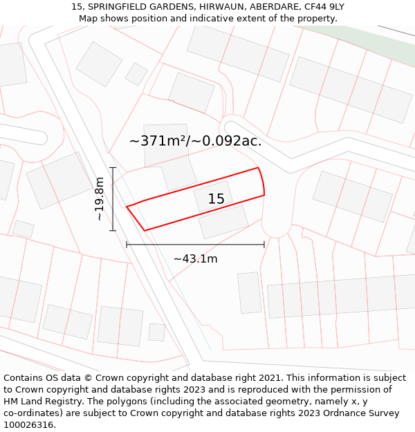 15, SPRINGFIELD GARDENS, HIRWAUN, ABERDARE, CF44 9LY: Plot and title map