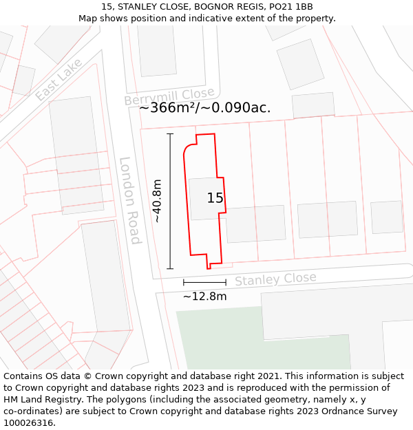 15, STANLEY CLOSE, BOGNOR REGIS, PO21 1BB: Plot and title map