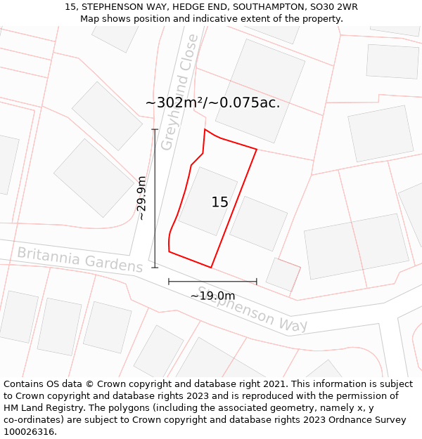 15, STEPHENSON WAY, HEDGE END, SOUTHAMPTON, SO30 2WR: Plot and title map