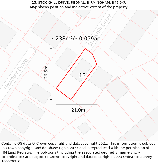 15, STOCKHILL DRIVE, REDNAL, BIRMINGHAM, B45 9XU: Plot and title map