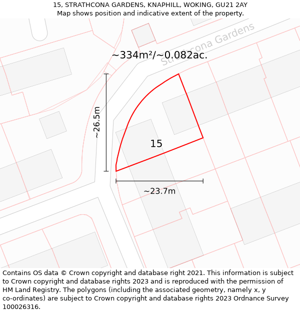 15, STRATHCONA GARDENS, KNAPHILL, WOKING, GU21 2AY: Plot and title map