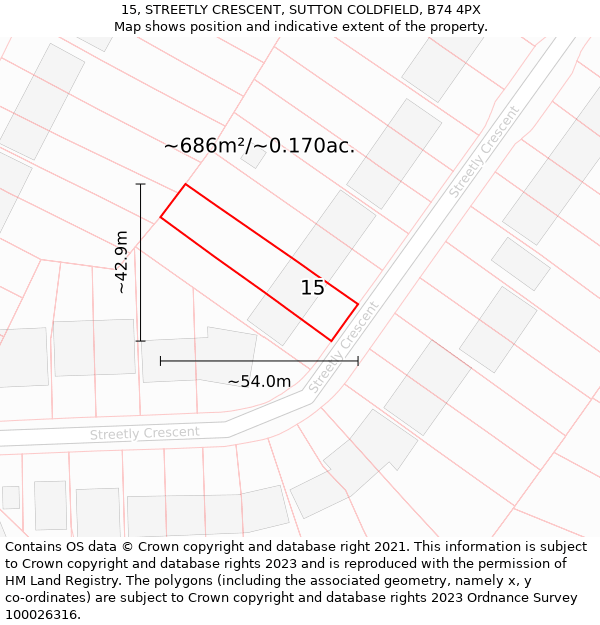 15, STREETLY CRESCENT, SUTTON COLDFIELD, B74 4PX: Plot and title map