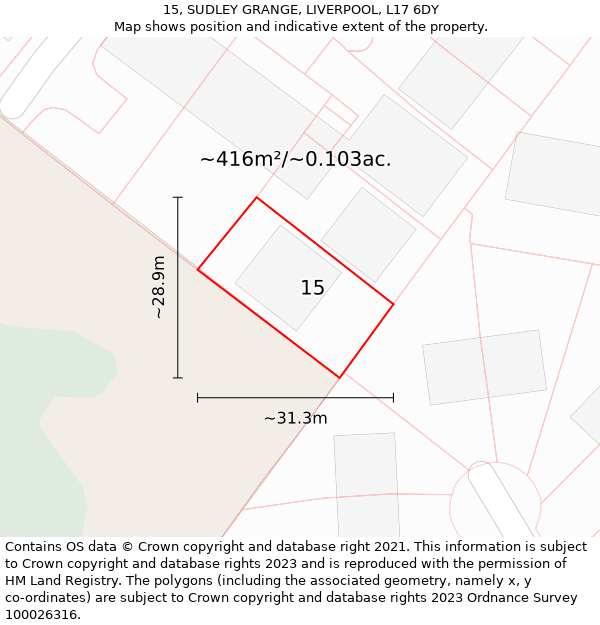 15, SUDLEY GRANGE, LIVERPOOL, L17 6DY: Plot and title map
