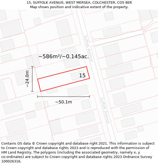 15, SUFFOLK AVENUE, WEST MERSEA, COLCHESTER, CO5 8ER: Plot and title map