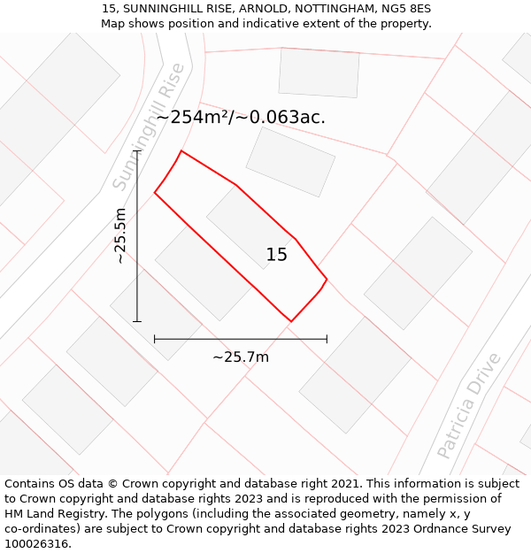 15, SUNNINGHILL RISE, ARNOLD, NOTTINGHAM, NG5 8ES: Plot and title map