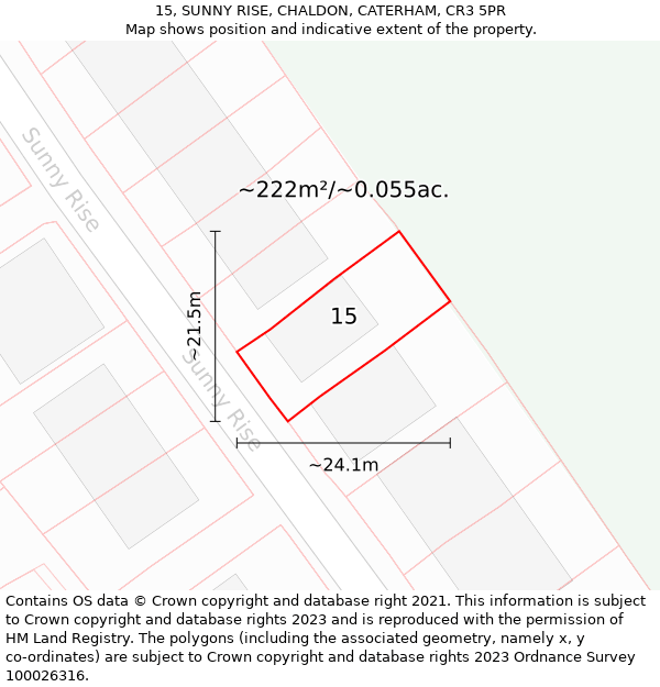 15, SUNNY RISE, CHALDON, CATERHAM, CR3 5PR: Plot and title map