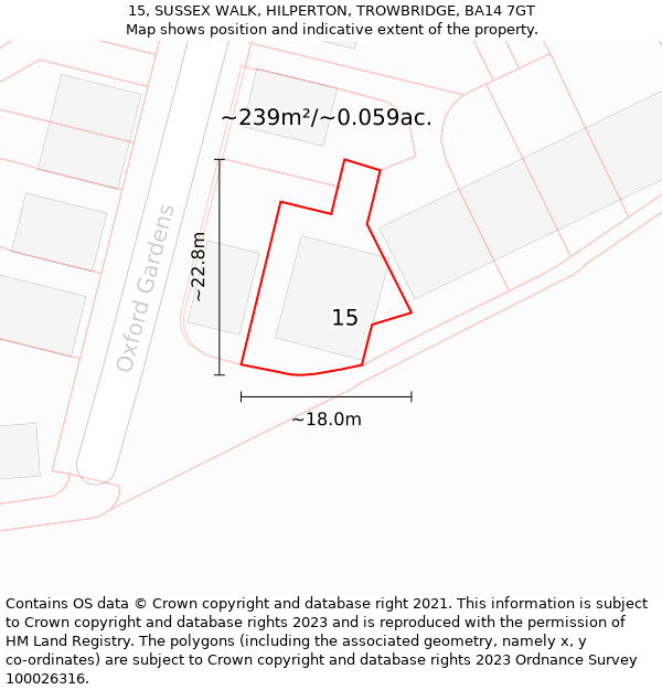 15, SUSSEX WALK, HILPERTON, TROWBRIDGE, BA14 7GT: Plot and title map