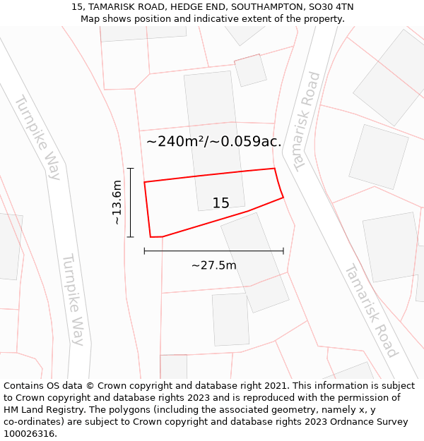 15, TAMARISK ROAD, HEDGE END, SOUTHAMPTON, SO30 4TN: Plot and title map