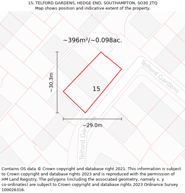 15, TELFORD GARDENS, HEDGE END, SOUTHAMPTON, SO30 2TQ: Plot and title map