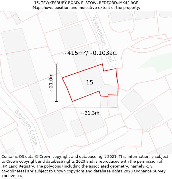 15, TEWKESBURY ROAD, ELSTOW, BEDFORD, MK42 9GE: Plot and title map