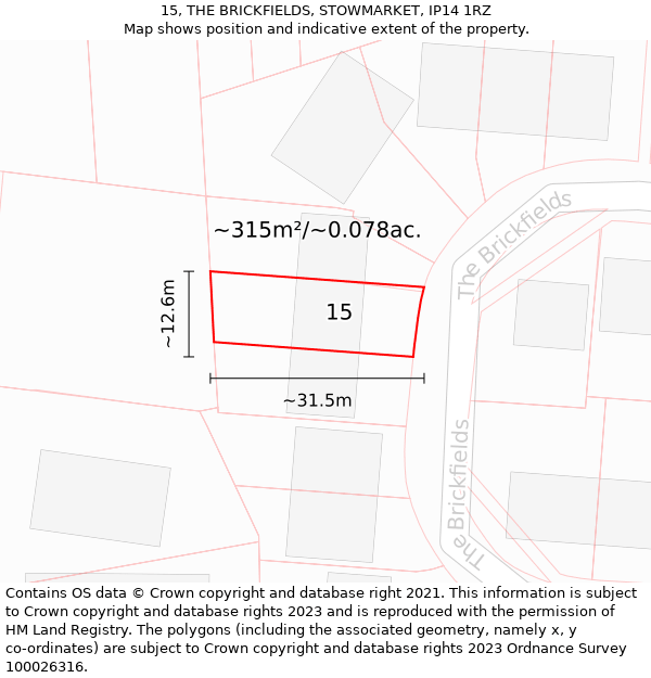 15, THE BRICKFIELDS, STOWMARKET, IP14 1RZ: Plot and title map