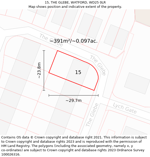 15, THE GLEBE, WATFORD, WD25 0LR: Plot and title map