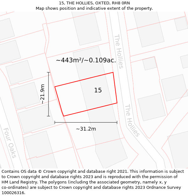 15, THE HOLLIES, OXTED, RH8 0RN: Plot and title map