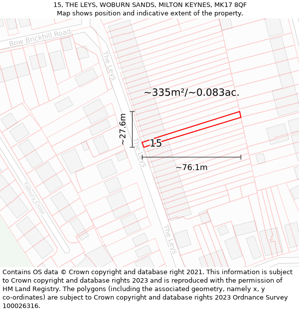 15, THE LEYS, WOBURN SANDS, MILTON KEYNES, MK17 8QF: Plot and title map